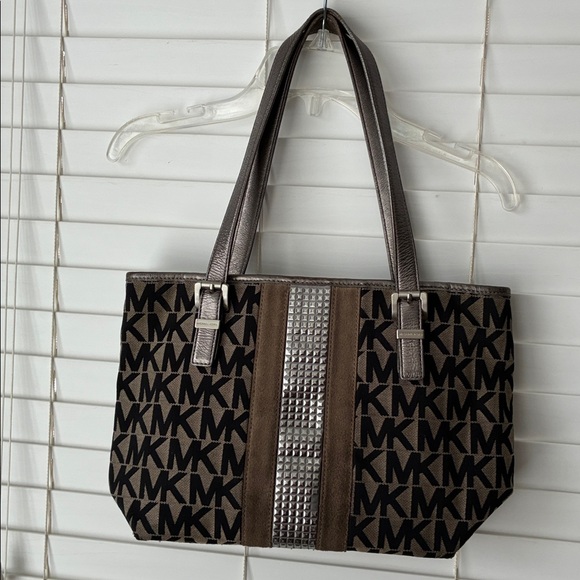 Michael Kors Bedford Shoulder Bag Tote Leather Suede Canvas Black Brown - Picture 3 of 10